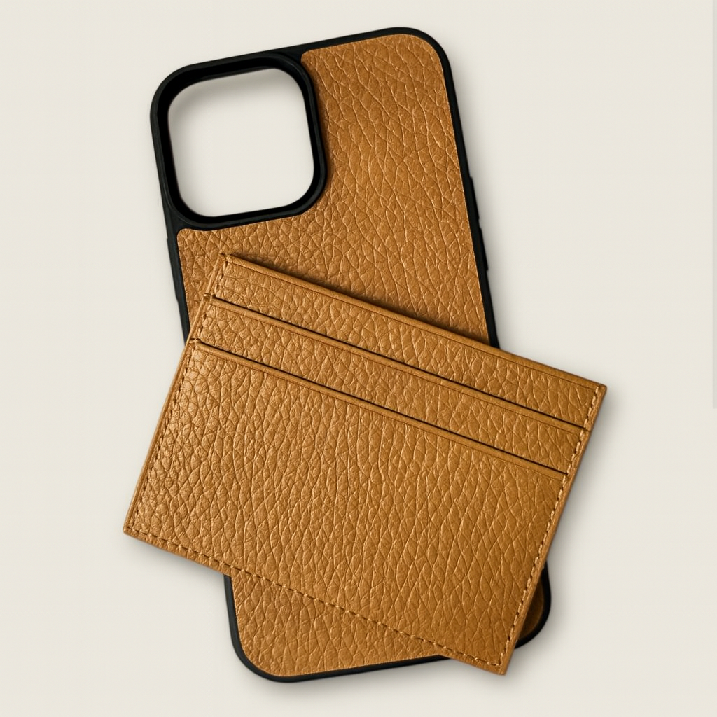Emerald Mustard Leather iPhone Case & Card Holder Set