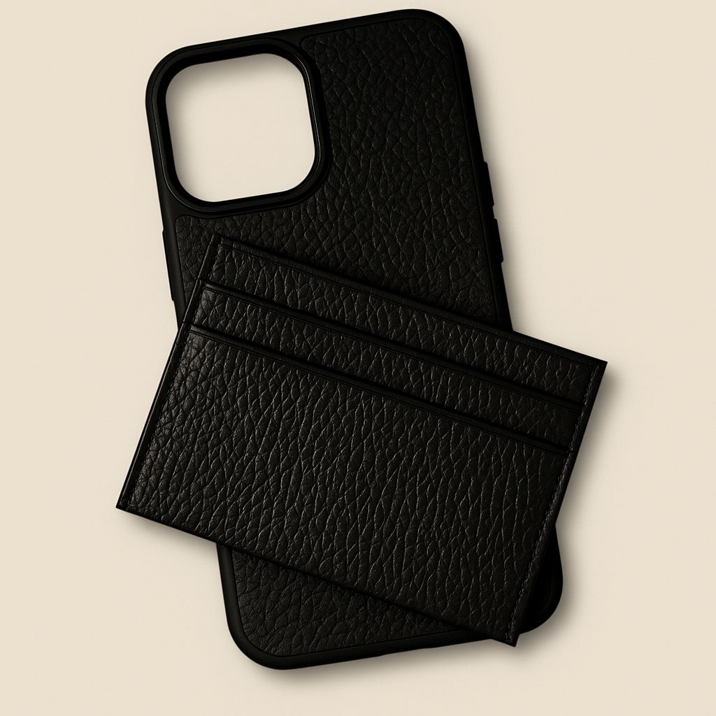 Emerald Black Leather iPhone Case & Card Holder Set